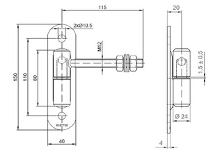 Zawias regulowany fi24 M12 z płytą do przykręcenia150x40