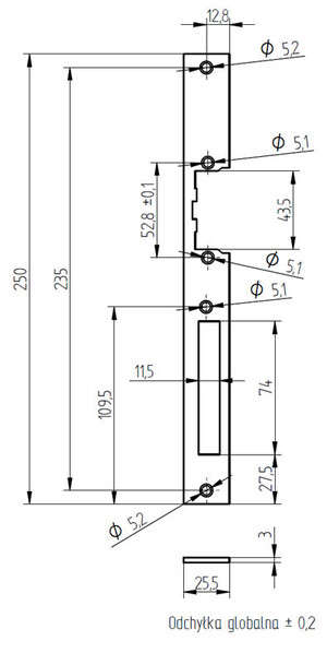 63.330.01 Frontblech für Elektroschloss 250x25 Rille 77