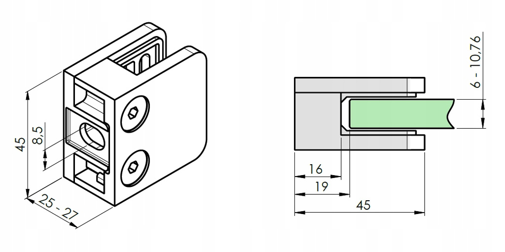Uchwyt szkła 45x45 rysunek