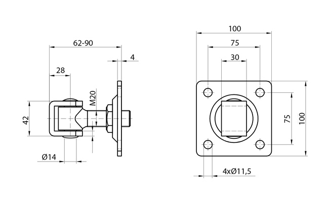 Zwias regulowany M20 z płytą 100x100 rysunek techniczny